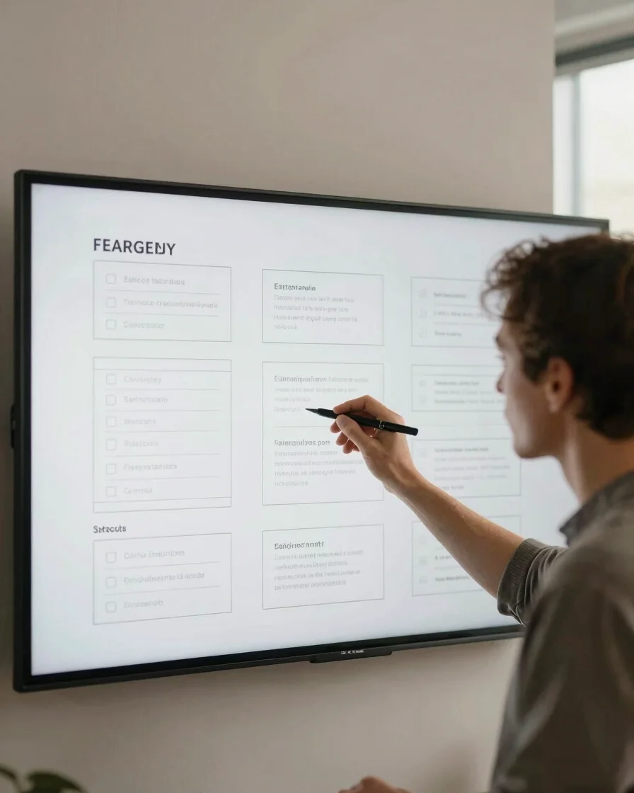 Focused creative professional reviewing a detailed content strategy on a large screen in a modern, clean studio, soft na