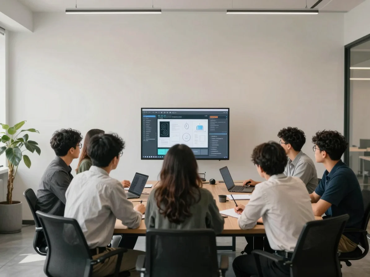 Wide panoramic modern office space with a team collaborating around a large table, looking at a digital mockup on a scre
