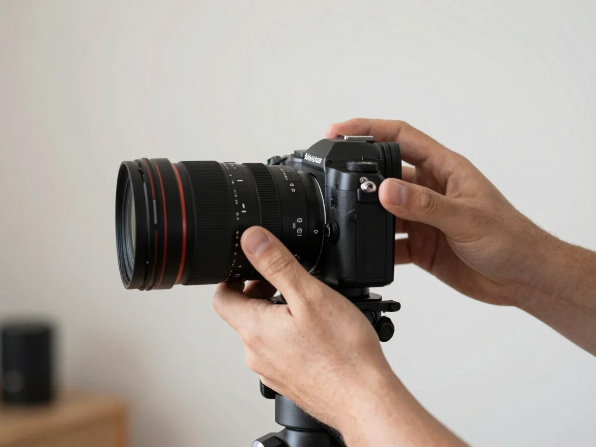 Close-up shot of hands adjusting a high-end camera lens on a tripod in a studio setting, emphasizing focused creative cr