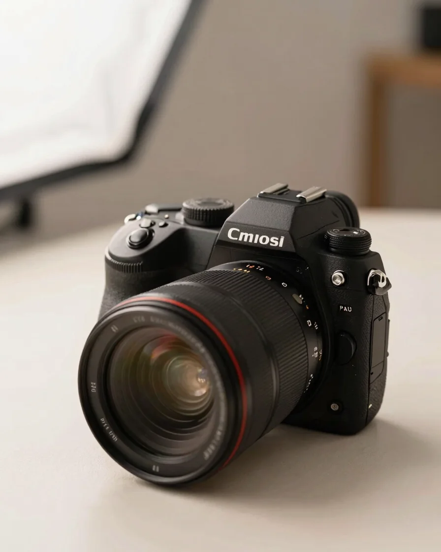 Modern studio setup for content creation, focused on high-end photography equipment, soft natural studio light, shallow