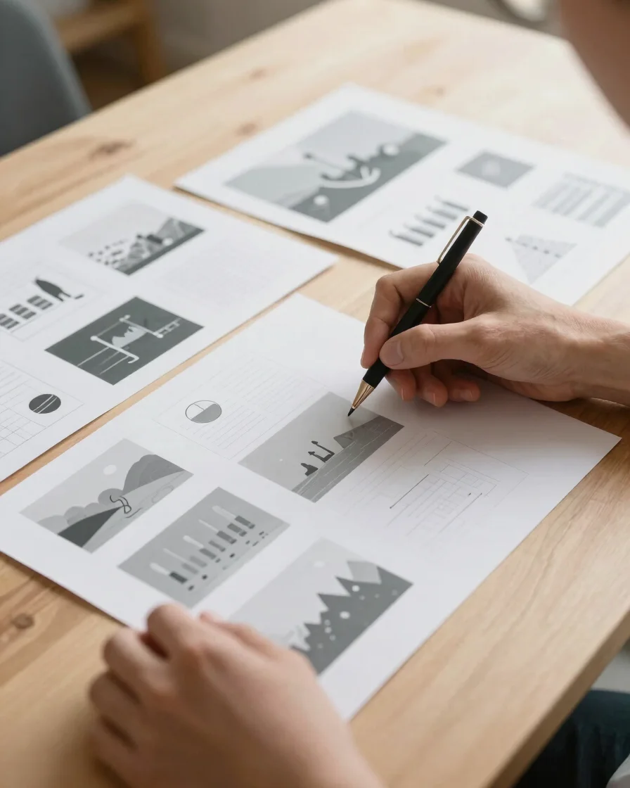 Warm editorial studio photograph of a creative strategist reviewing desaturated content storyboards on a clean wooden ta