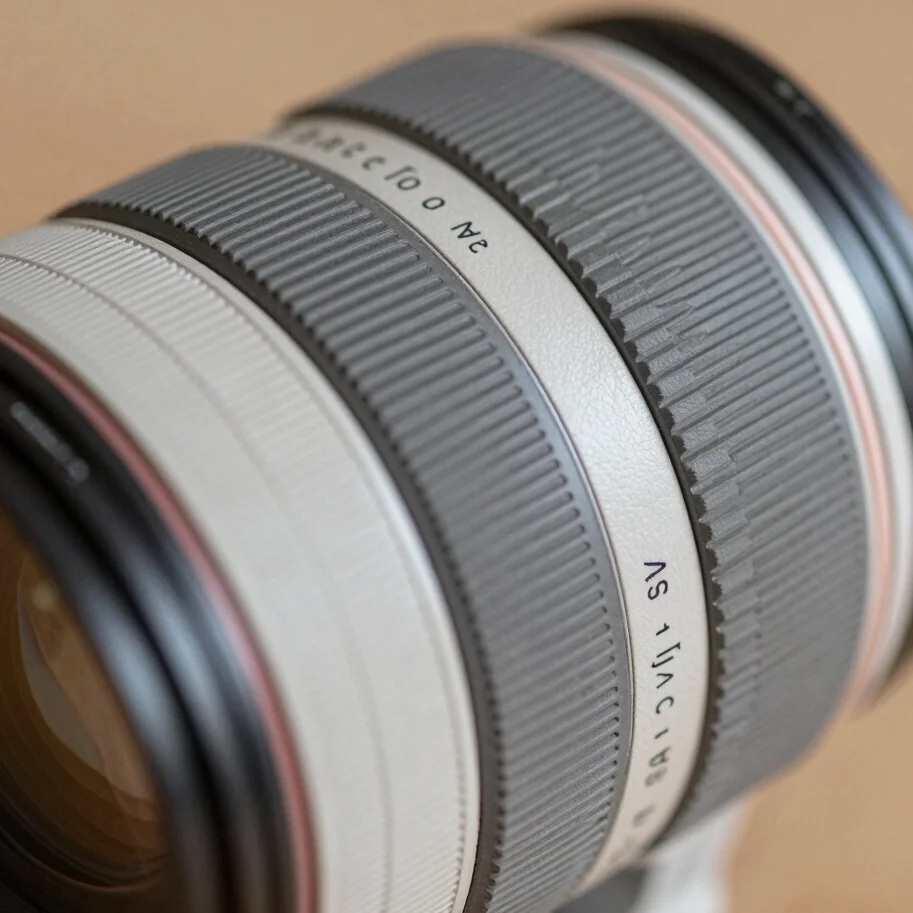 Close-up of a high-end camera lens capturing product photography, shallow depth of field