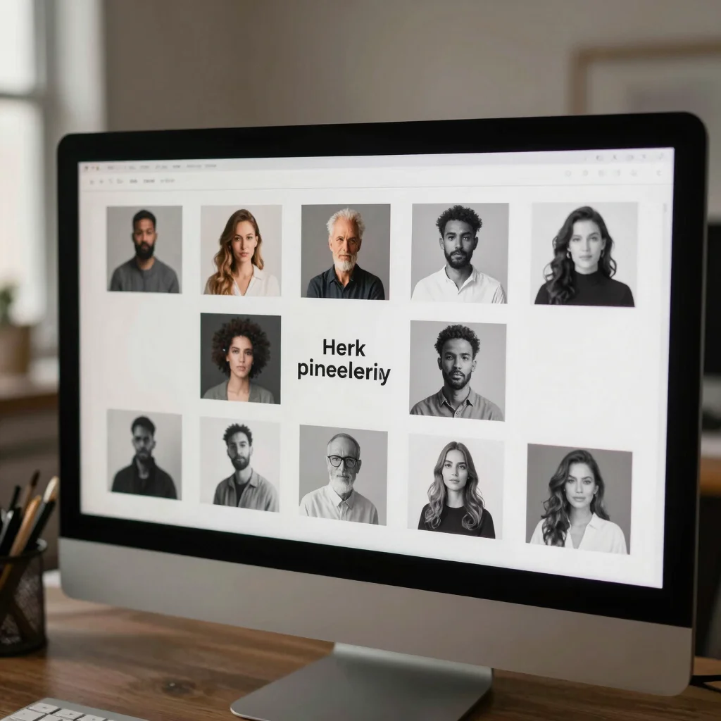 Designer reviewing content mockups on a large monitor in a modern studio, desaturated slate tones