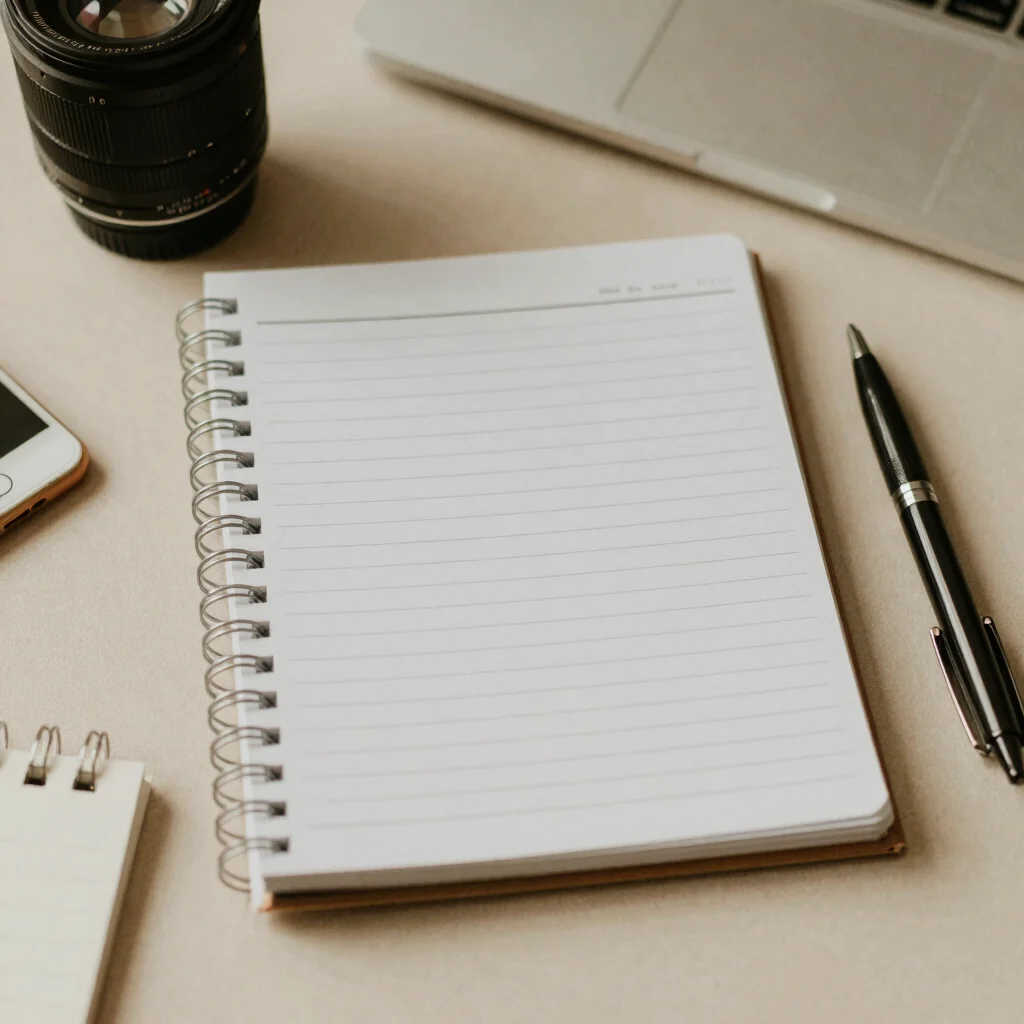 Flat lay of social media content planning tools, notebook, and pens, warm editorial light