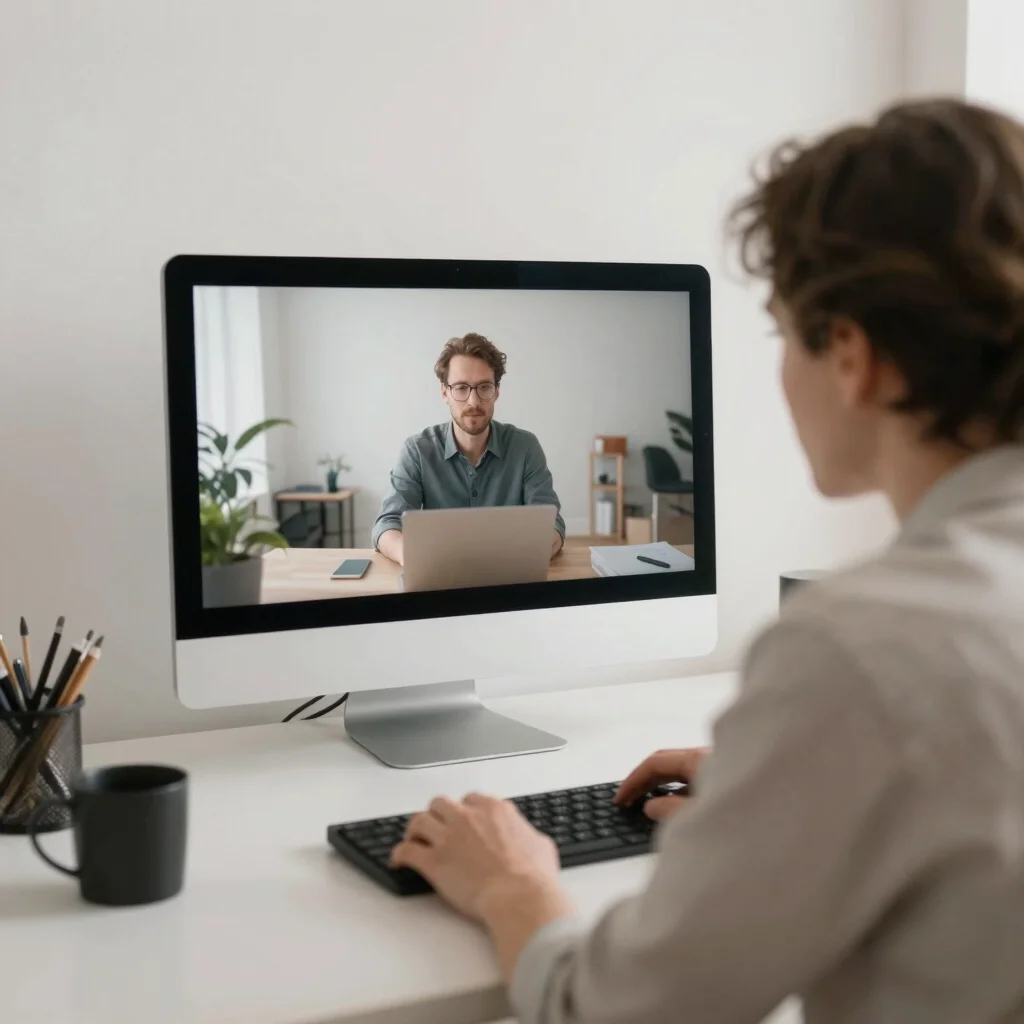 Creative director reviewing video footage on a professional monitor, clean architectural workspace
