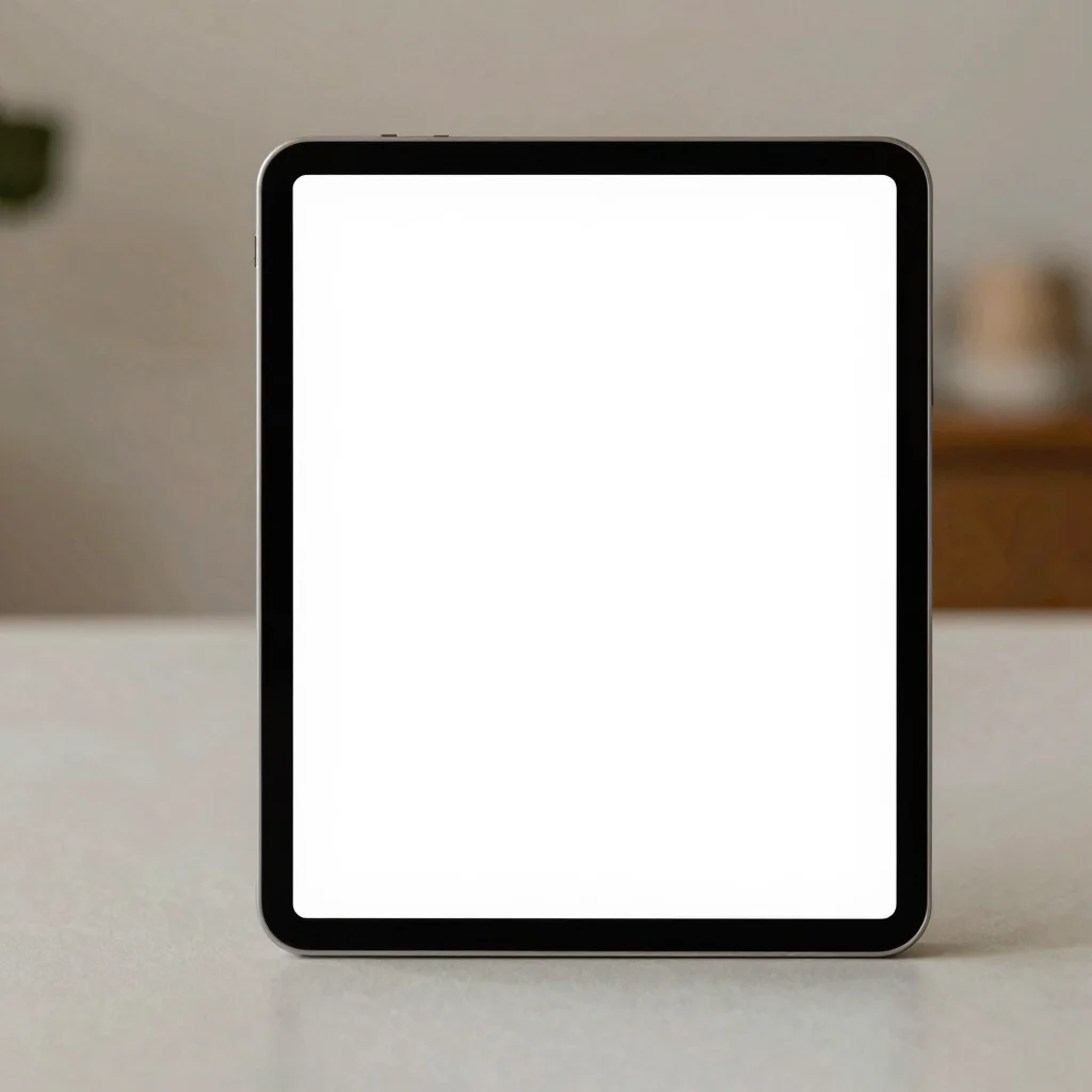 Digital mockup of a clean brand feed layout on a tablet, soft studio light